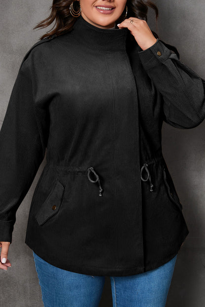 Green Plus Size Button Zipped Corduroy Jacket