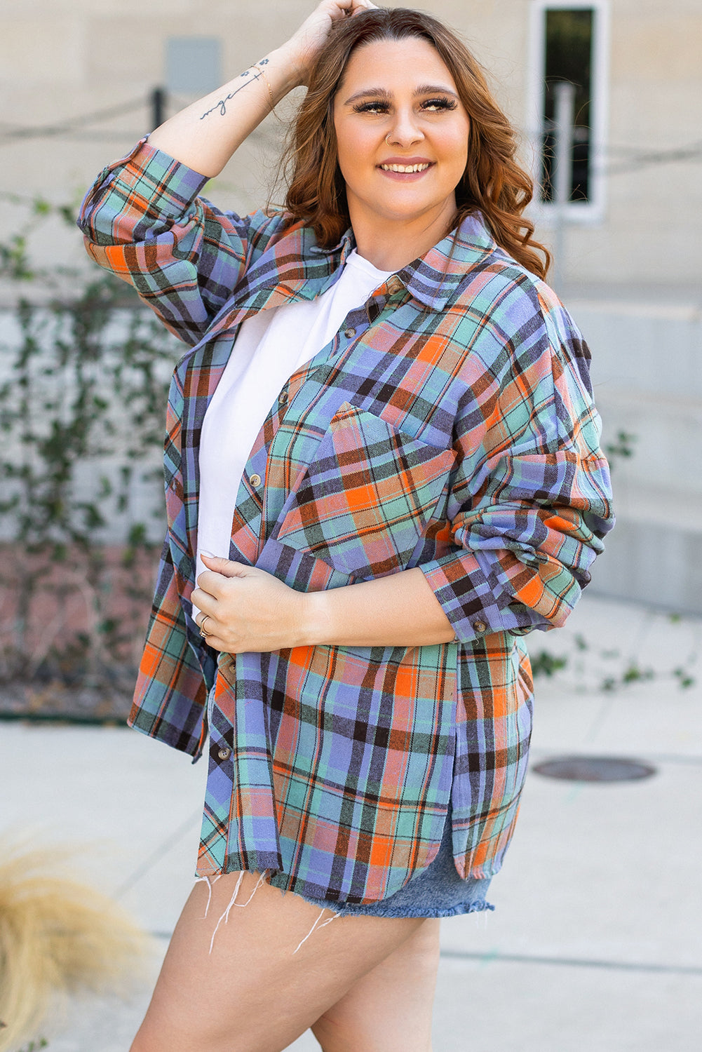 Red Plus Size Plaid Print Buttoned Shirt