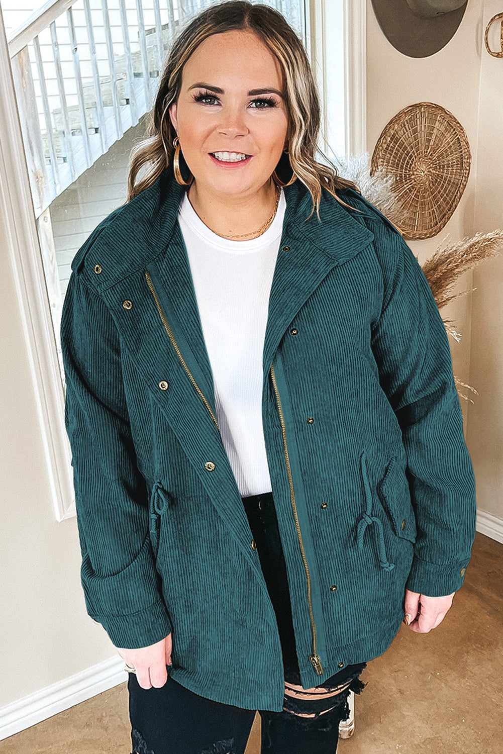 Green Plus Size Button Zipped Corduroy Jacket