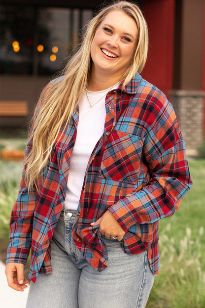 Red Plus Size Plaid Print Buttoned Shirt