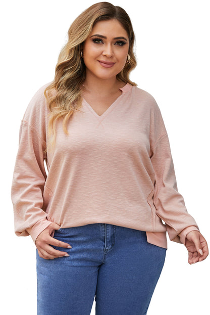 Pink Raw Cut Notched Neck Plus Size French Terry Hoodie