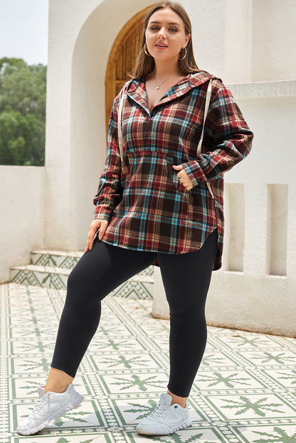 Fiery Red Plus Size Plaid Kangaroo Pocket Drawstring Hoodie