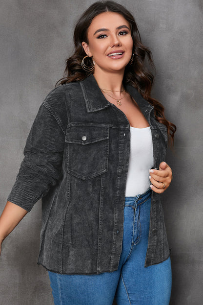 Gray Plus Size Flap Pocket Raw Edge Corduroy Jacket