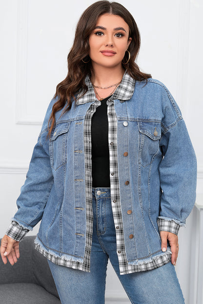 Sky Blue Plaid Hem Splicing Plus Size Denim Jacket