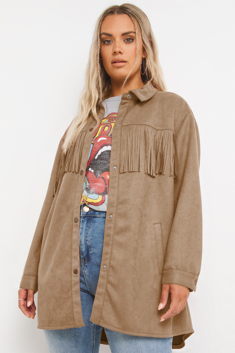 Khaki Fringe Trim Plus Size Suede Shacket