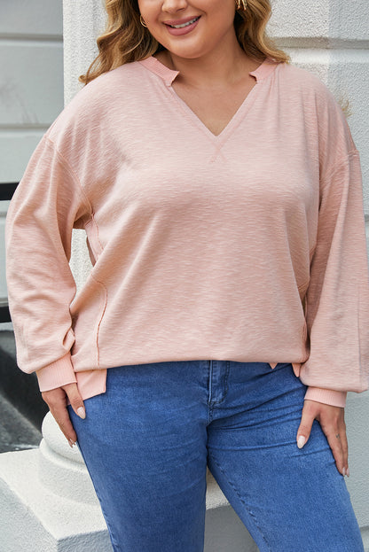 Pink Raw Cut Notched Neck Plus Size French Terry Hoodie