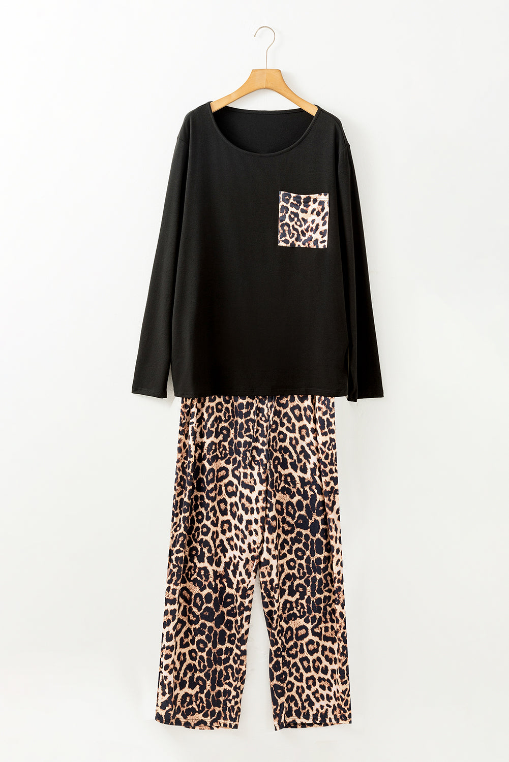 Black Leopard Patched Pocket Long Sleeve Top Plus Size Pants Set