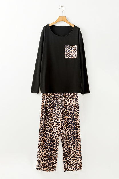 Black Leopard Patched Pocket Long Sleeve Top Plus Size Pants Set