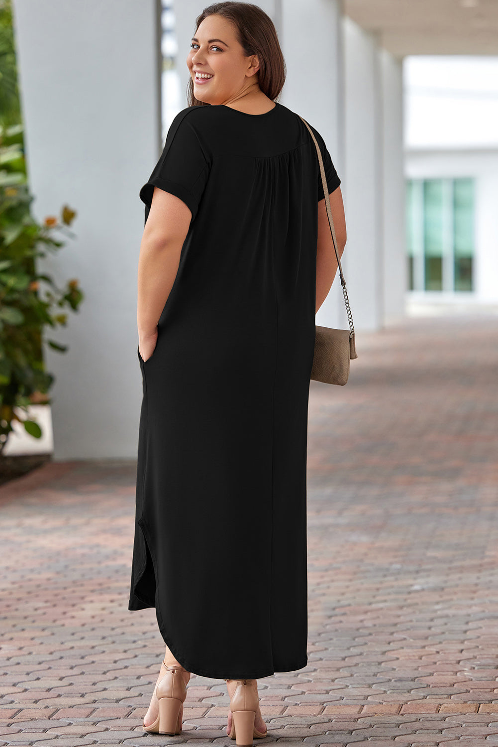 Green Plus Size V Neck Rolled Cuffs Maxi Dress