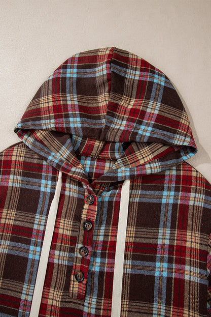 Fiery Red Plus Size Plaid Kangaroo Pocket Drawstring Hoodie