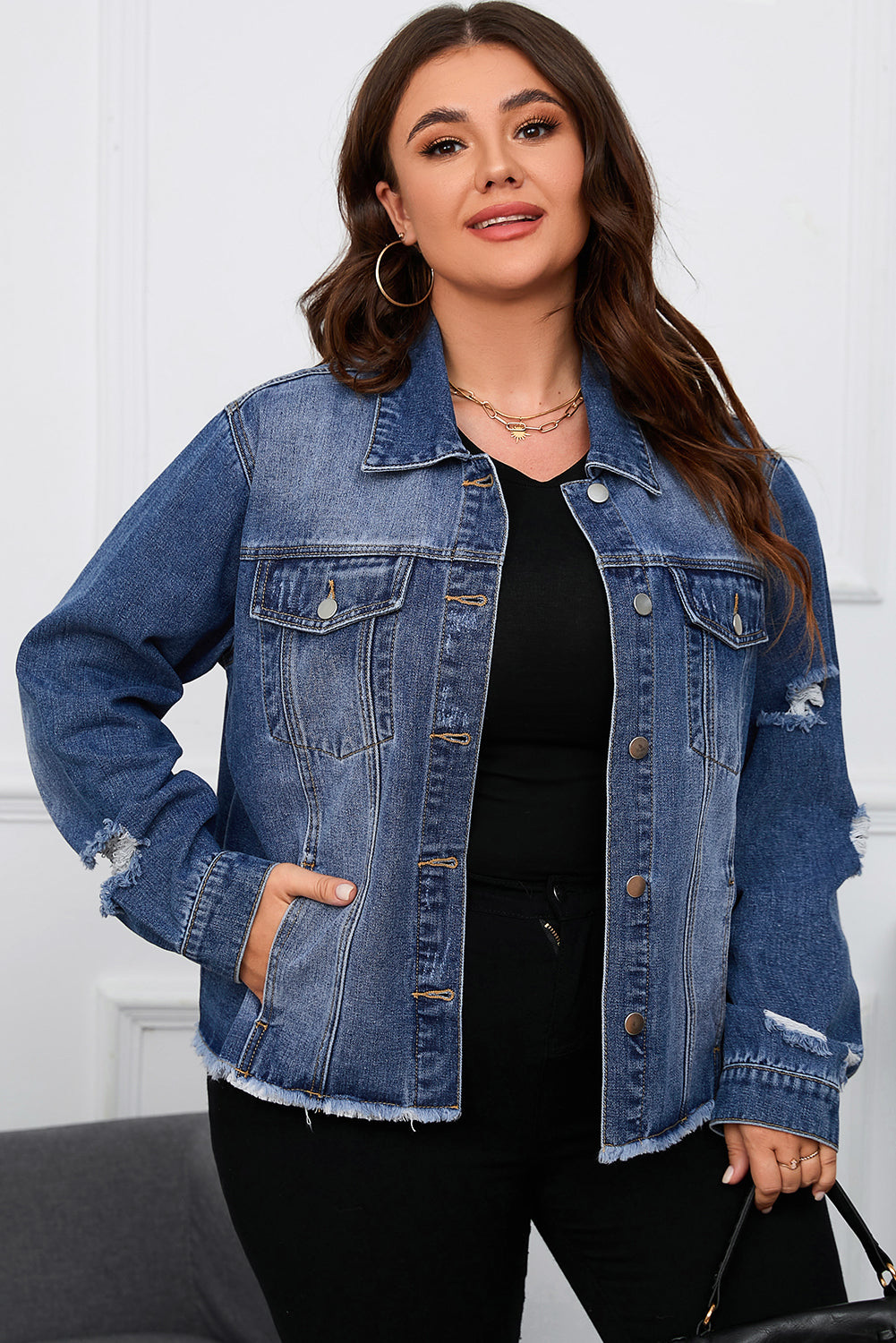 Dark Blue Plus Size Distressed Flap Pocket Denim Jacket