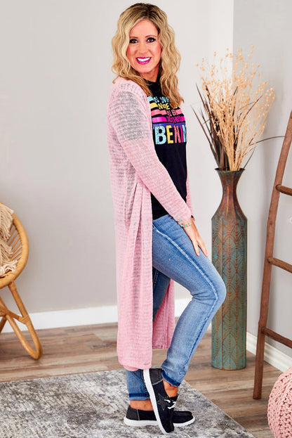 Pink Sheer Knitted Long Side Slit Plus Size Cardigan