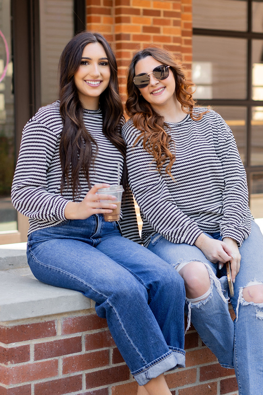 Rose Stripe Round Neck Drop Shoulder Long Sleeve Top