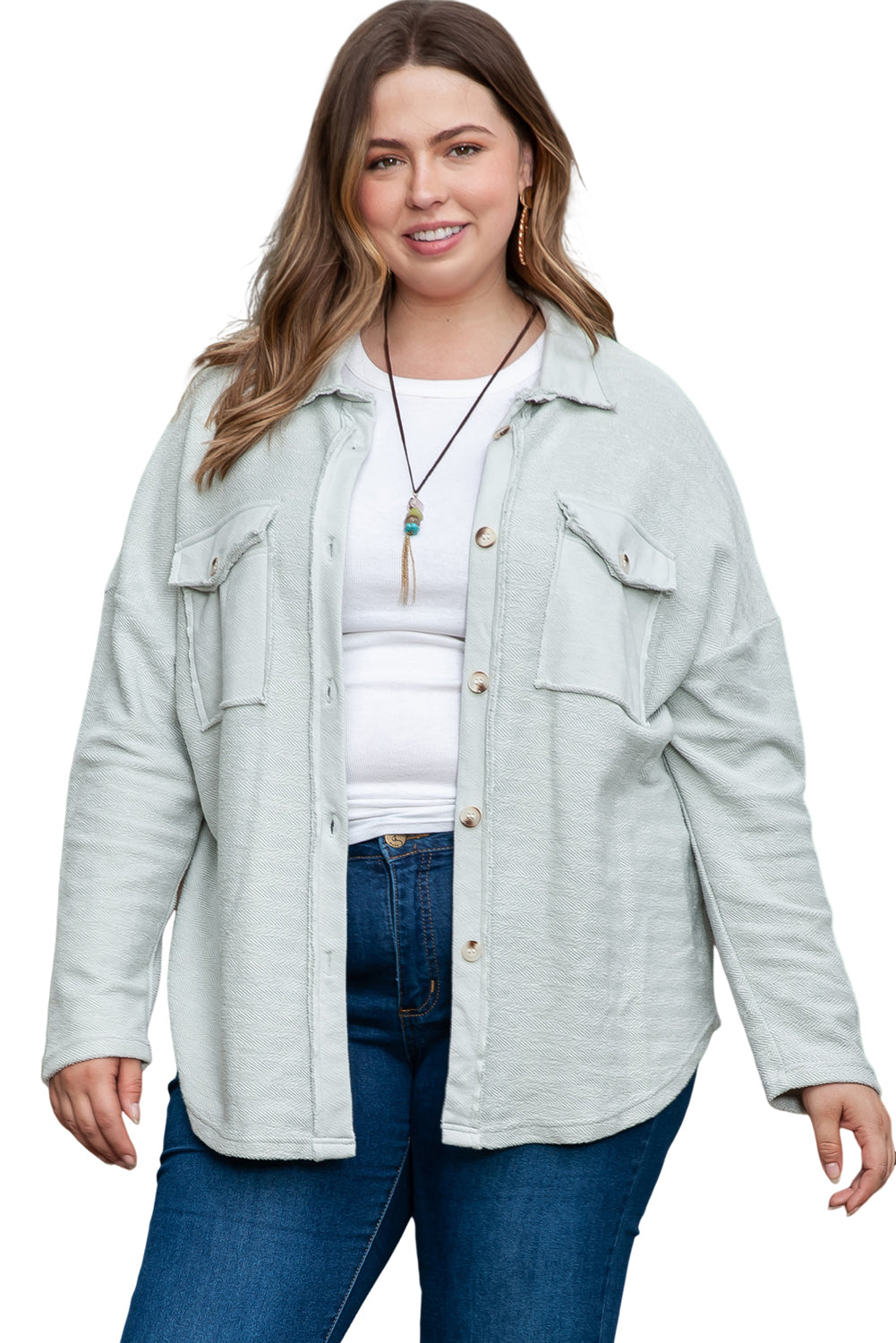 Gray Exposed Seam Flap Pocket Plus Size Shacket