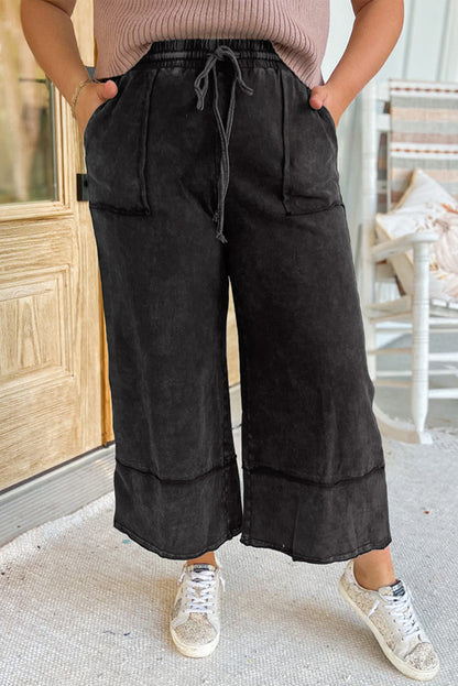 Black Plus Mineral Wash Exposed Seam Wide Leg Cropped Pants