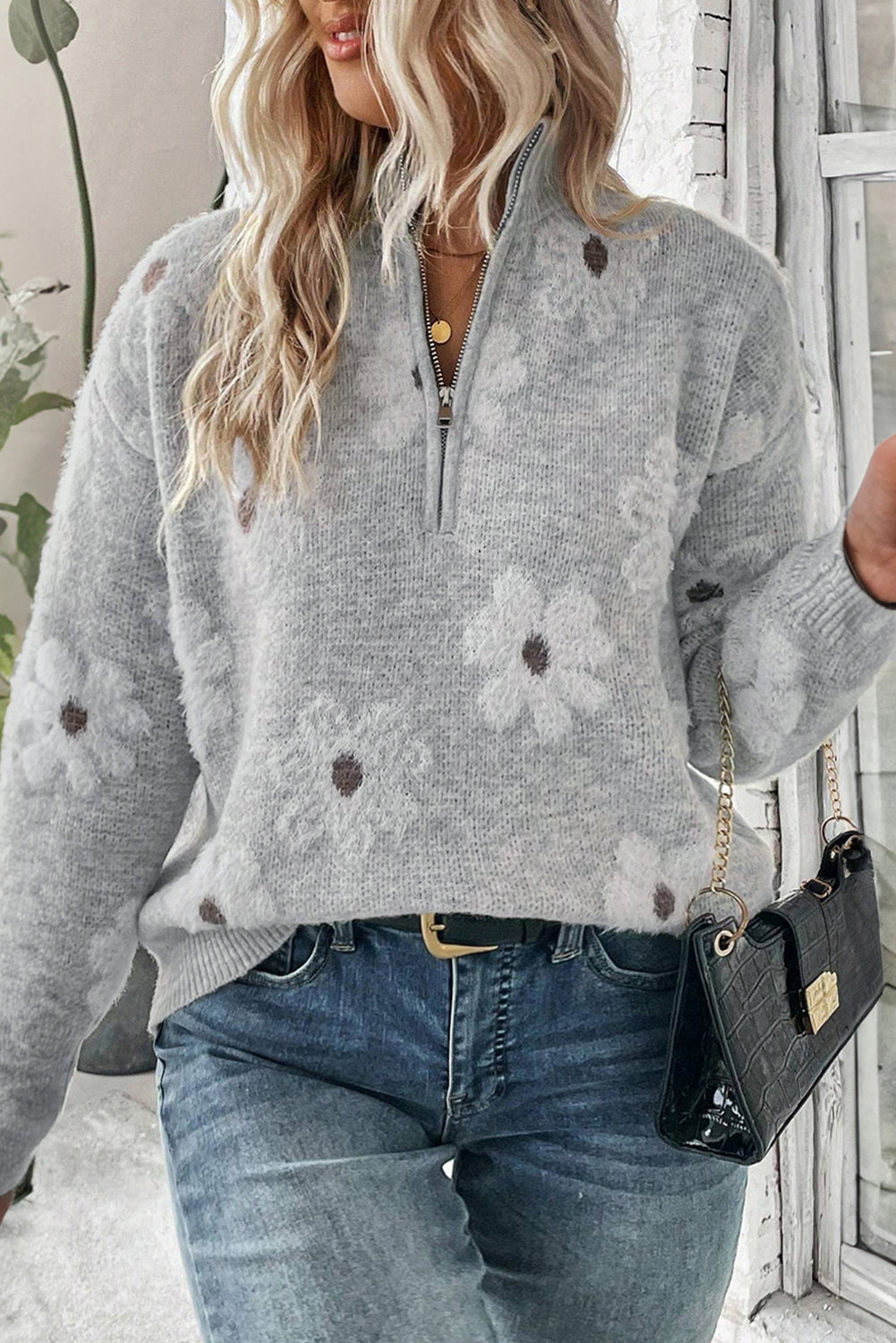 Gray Plus Size Embroidered Floral Pattern Half Zip Sweater