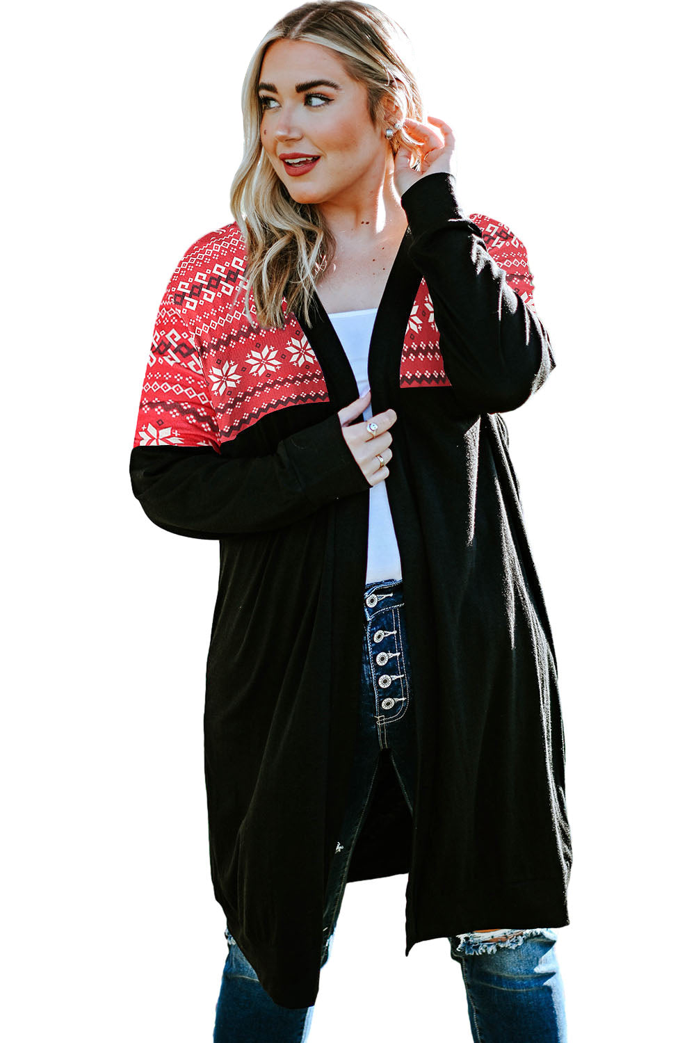 Red Printed Leopard Detail Plus Size Cardigan