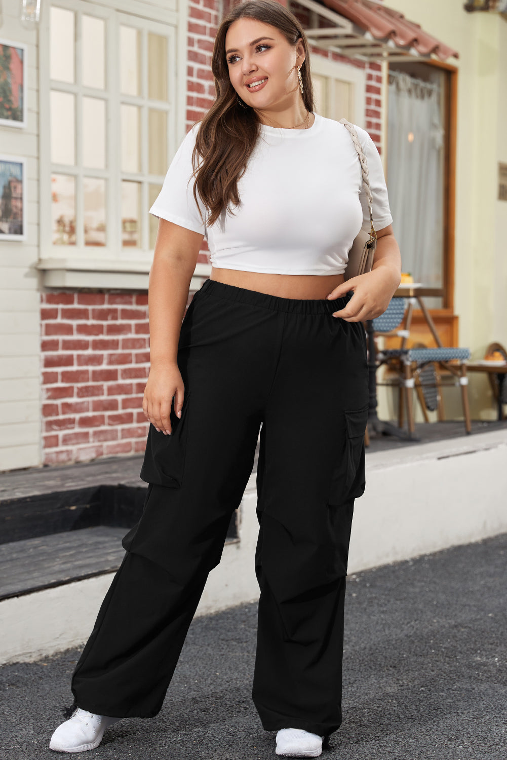 Black Plus Size Flap Pocket Elastic Waist Cargo Pants