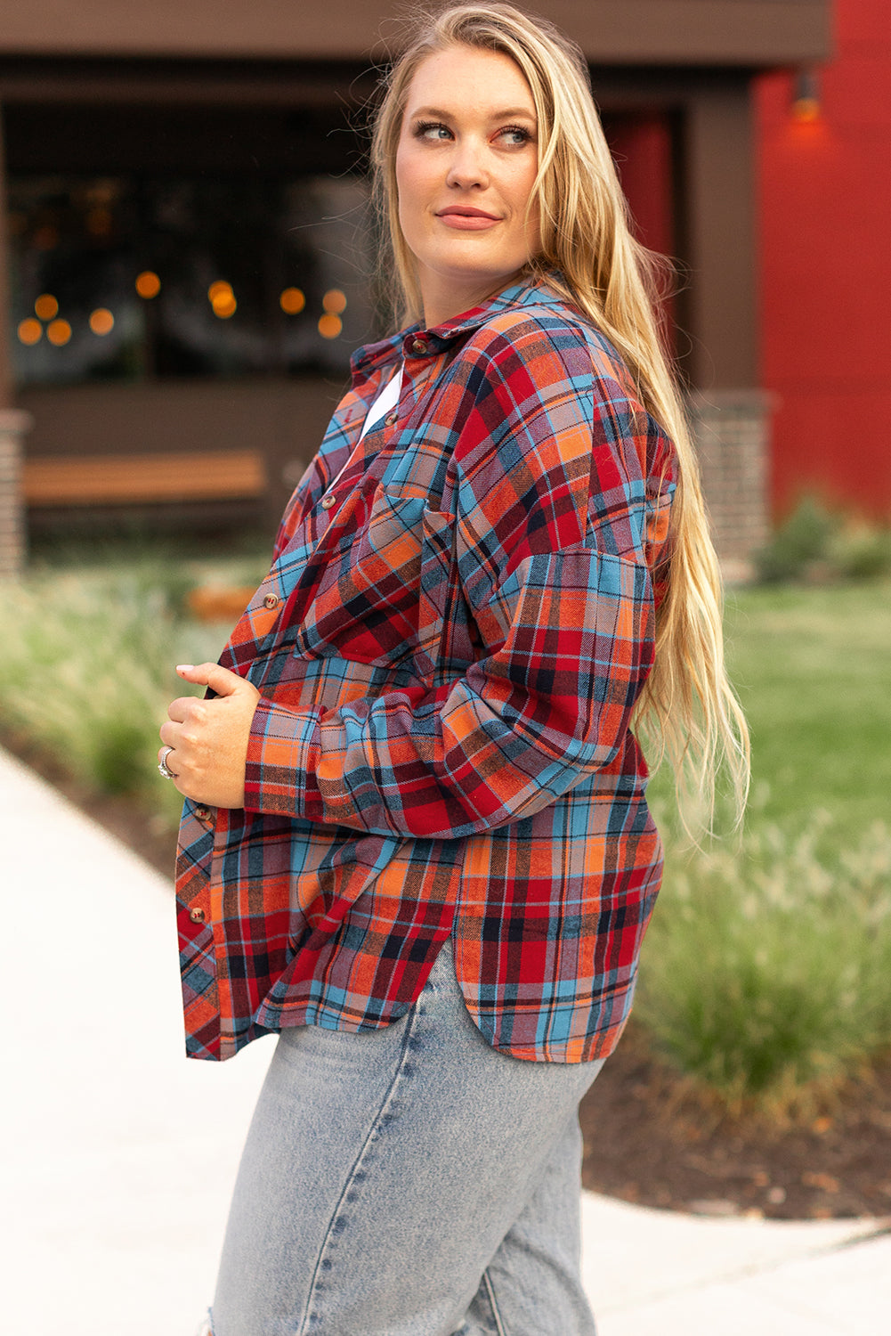 Red Plus Size Plaid Print Buttoned Shirt