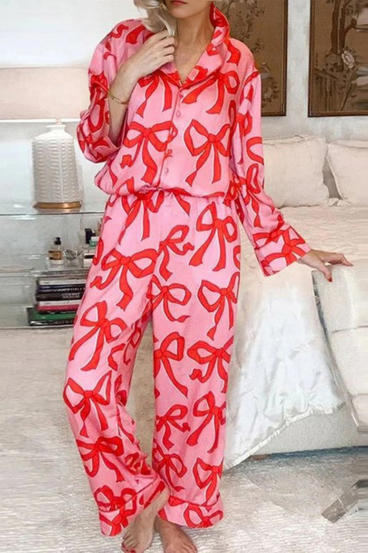 2pcs Bow Print Shirt Style Long Sleeve Pajama Set