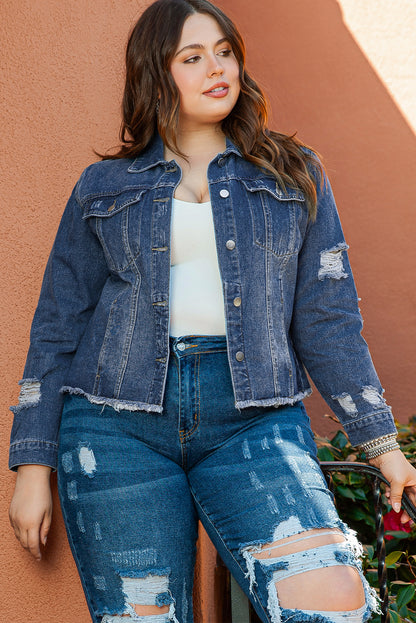 Dark Blue Plus Size Distressed Flap Pocket Denim Jacket