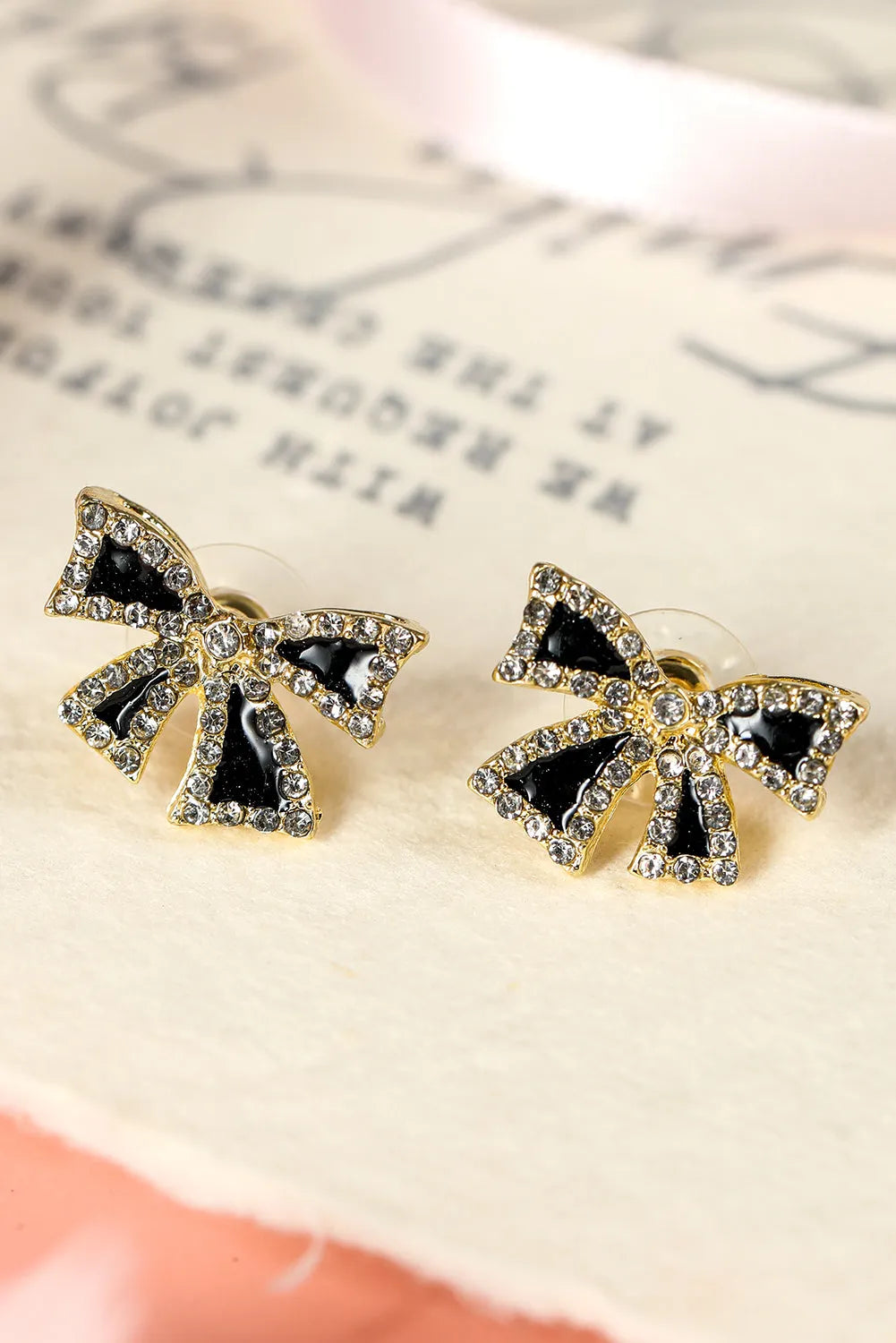 Sparkling Bow Knot Stud Earrings with Black Rhinestones - UE Fashion