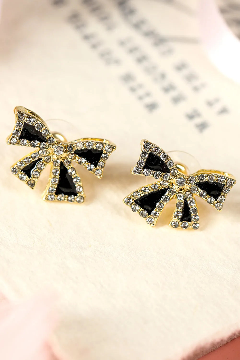 Sparkling Bow Knot Stud Earrings with Black Rhinestones - UE Fashion