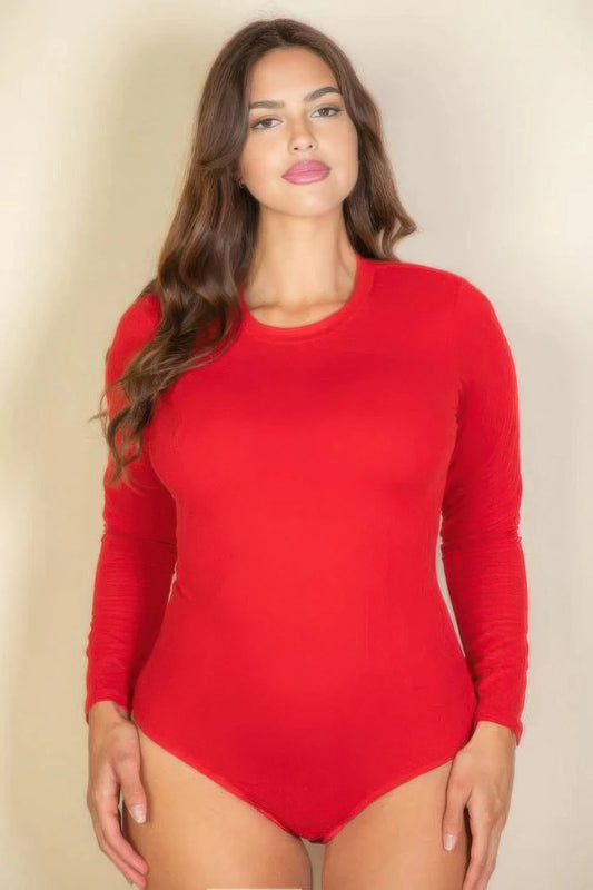 Vibrant Plus Size Long Sleeve Round Neck Bodysuit in Red - UE Fashion