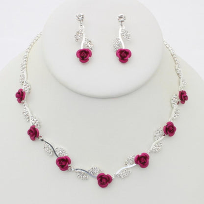 Rhinestone Rose Necklace Earring Set