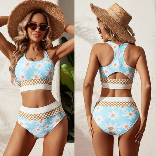 Plus Size Split Swimsuit Printed Zipper Bikini Swimsuit