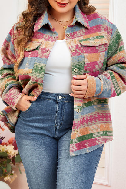 Pink Plus Size Aztec Printed Flap Pocket Shacket