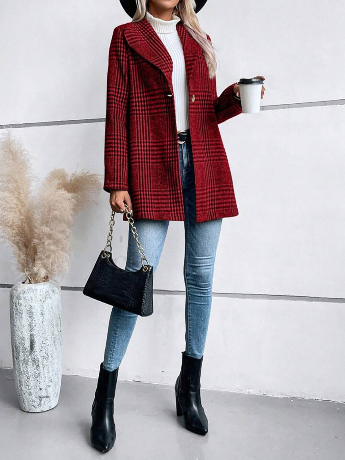 Plaid Collared Neck Long Sleeve Jacket