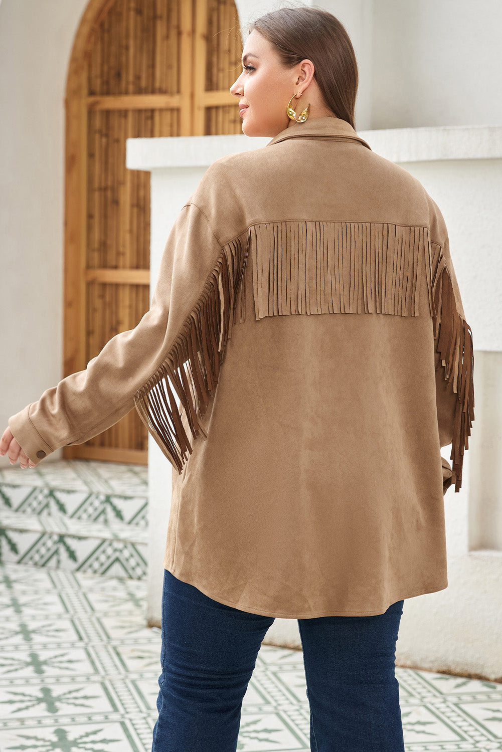 Khaki Fringe Trim Plus Size Suede Shacket