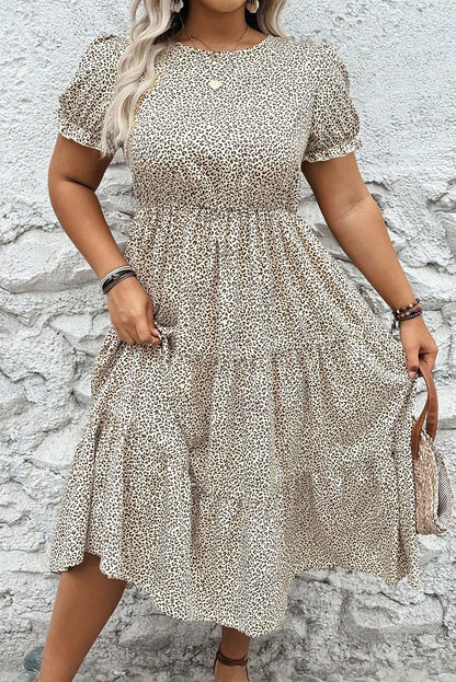 Beige Plus Size Leopard Print Frill Trim Short Sleeve Flared Dress