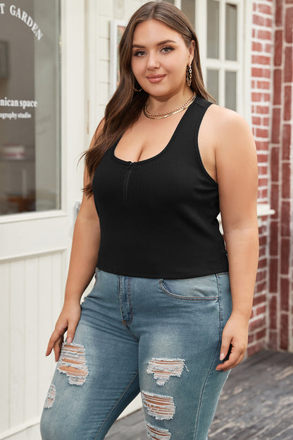 Black Plus Size Zipper Front Racerback Ribbed Tank Top