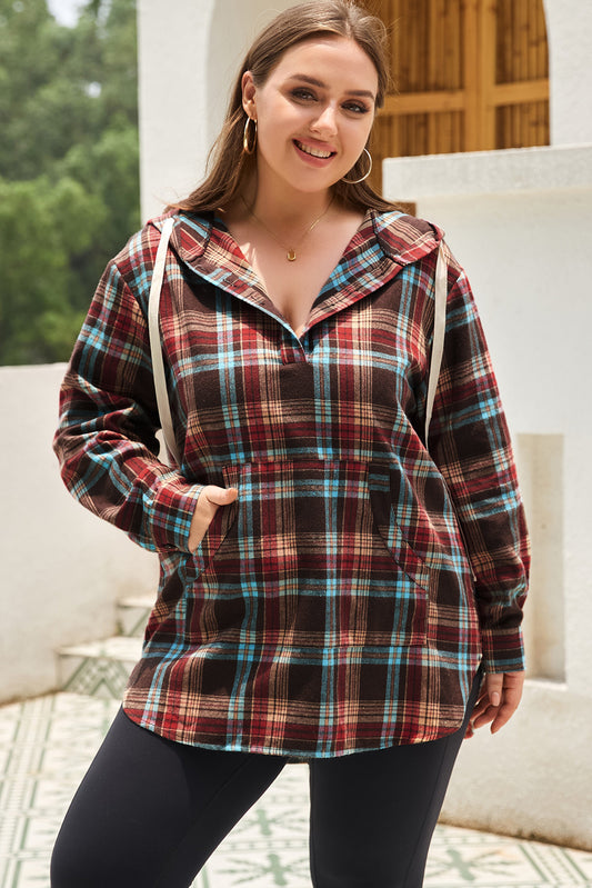 Fiery Red Plus Size Plaid Kangaroo Pocket Drawstring Hoodie