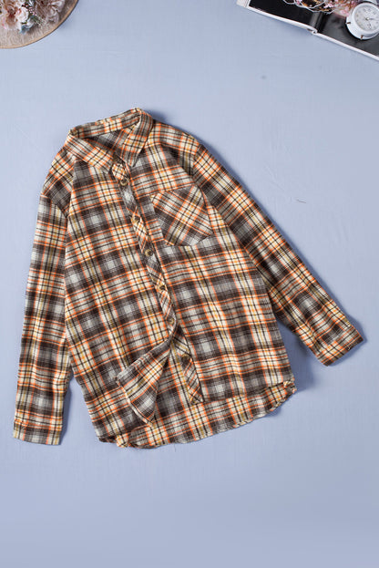 Apricot Plaid Print Button Long Sleeve Plus Size Shirt Coat