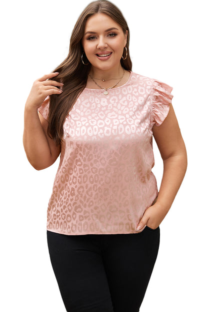 Pink Plus Size Leopard Print Ruffled Flutter Sleeve Satin Blouse