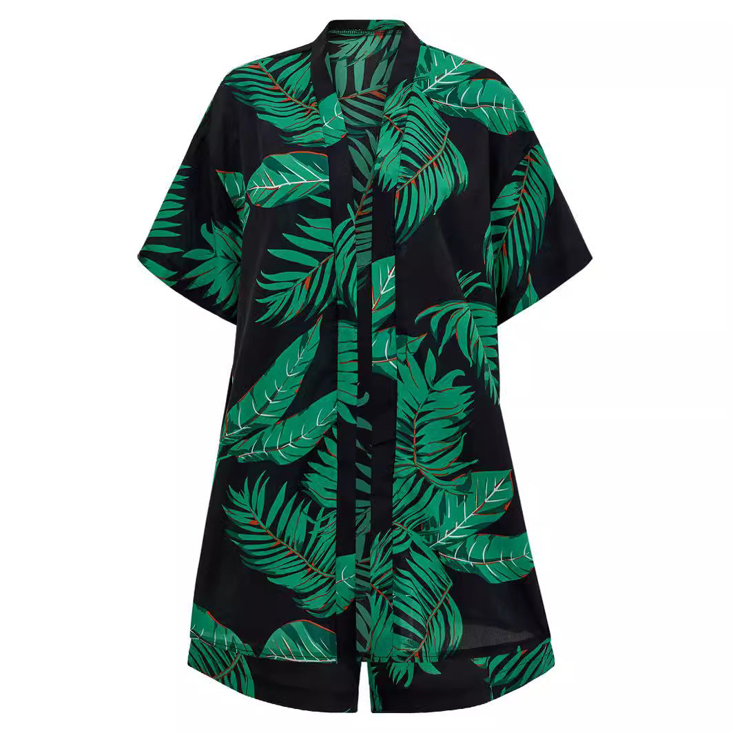 2-Piece Summer Leaf Print Outfit – Short Sleeve Shirt & Shorts Set