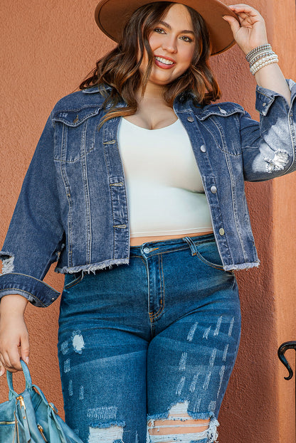 Dark Blue Plus Size Distressed Flap Pocket Denim Jacket