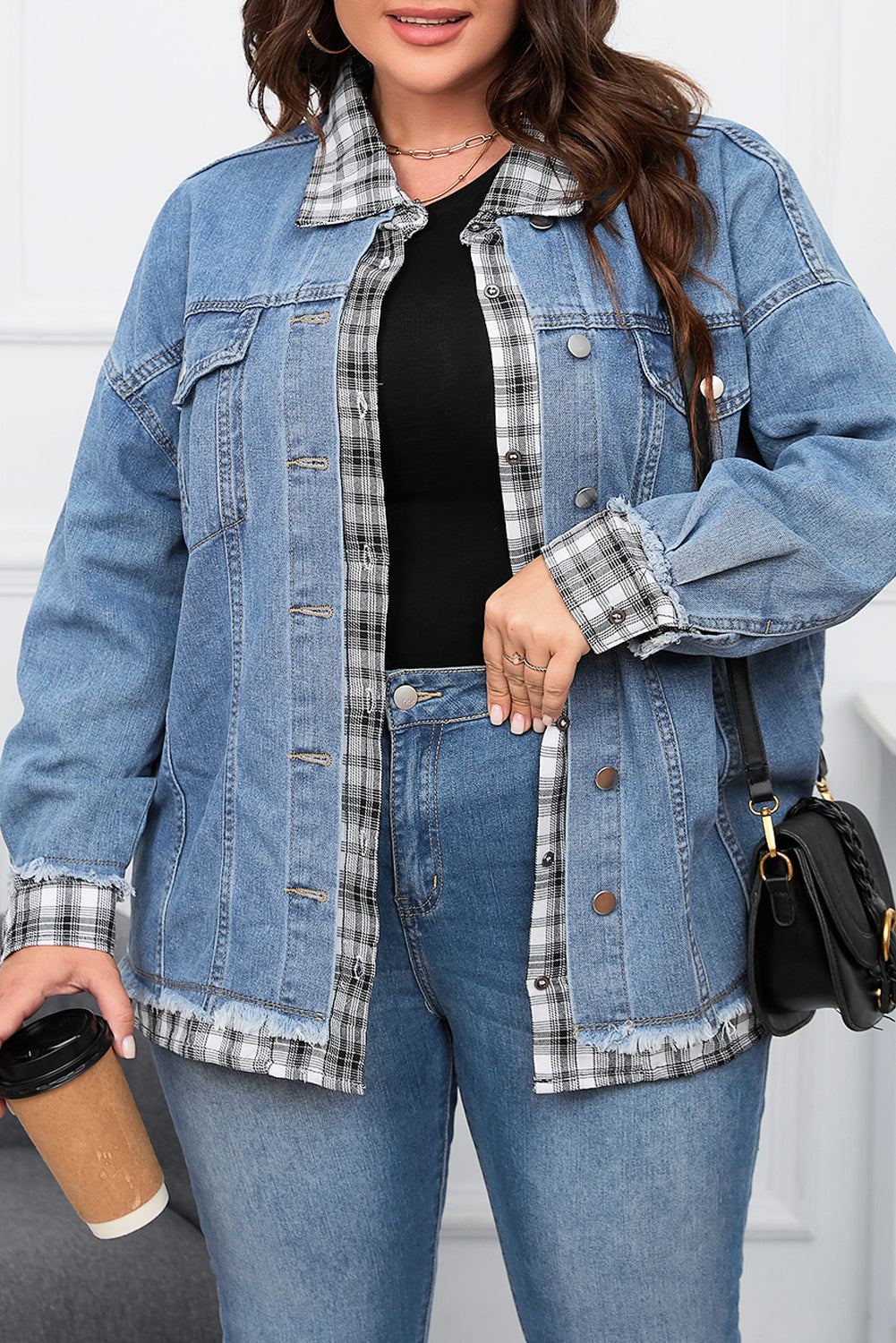 Sky Blue Plaid Hem Splicing Plus Size Denim Jacket