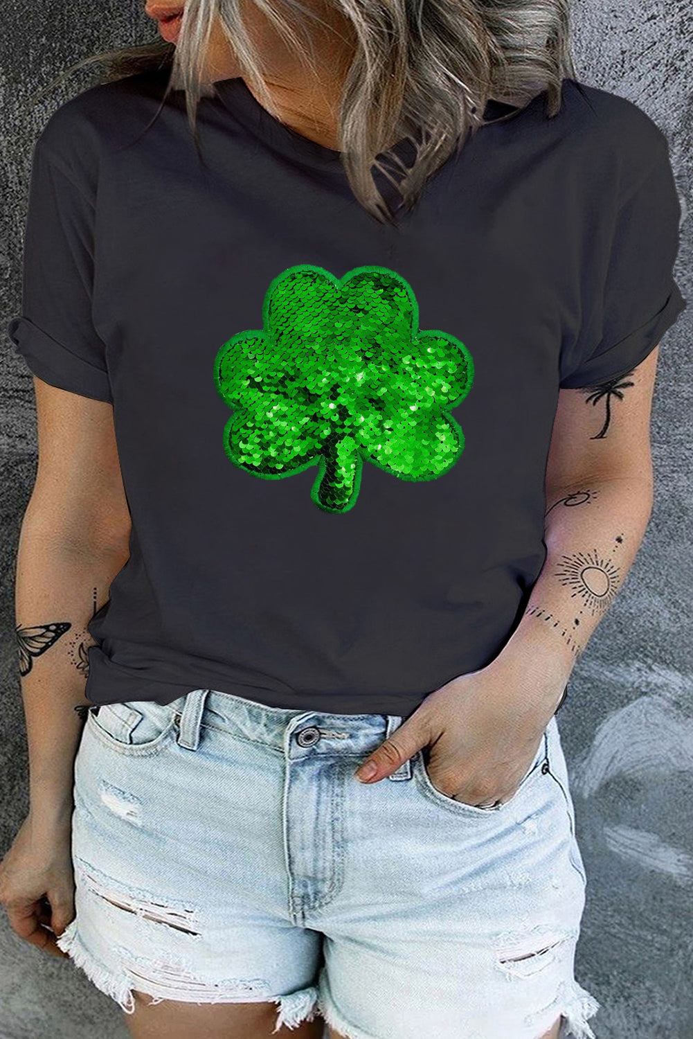 Black Plus Size Sequin Clover Graphic Tee