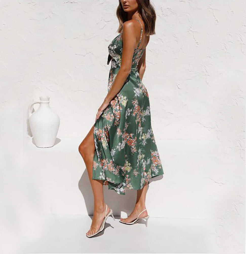 Floral Split Suspender Dress | Sleeveless Bowknot Beach Dress