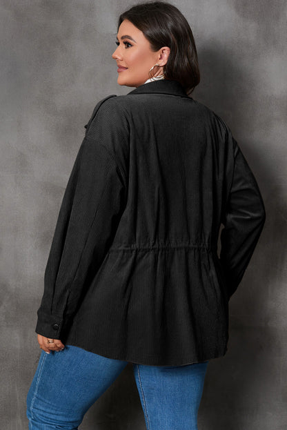 Green Plus Size Button Zipped Corduroy Jacket