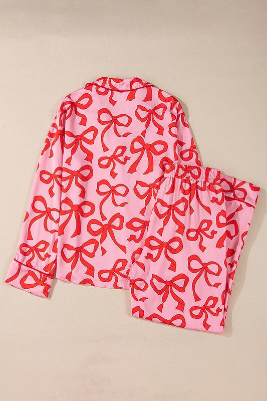 2pcs Bow Print Shirt Style Long Sleeve Pajama Set