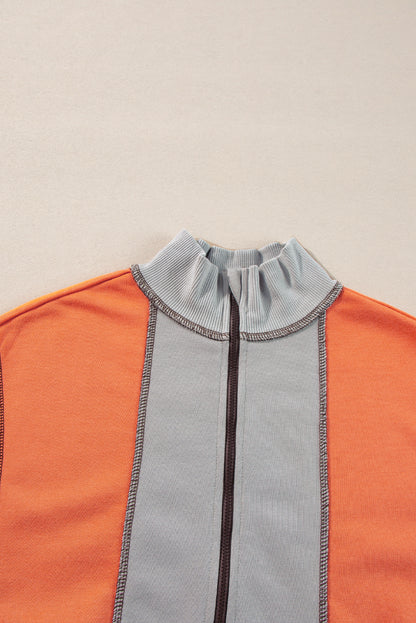 Light Grey Color Block Stitching Detail Half Zipper Sweatshirt