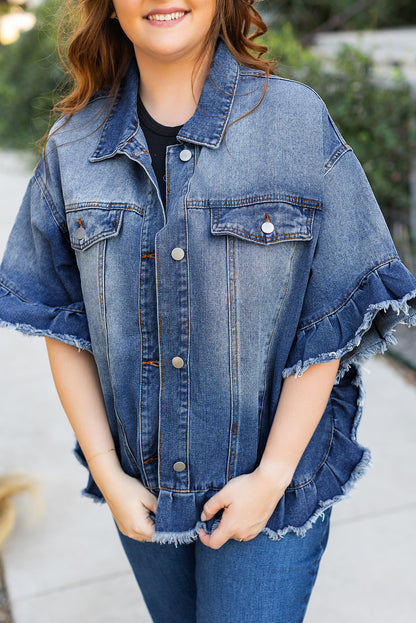 Peacock Blue Ruffled Frayed Short Sleeve Plus Size Denim Jacket