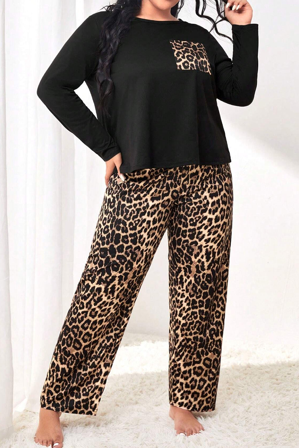 Black Leopard Patched Pocket Long Sleeve Top Plus Size Pants Set