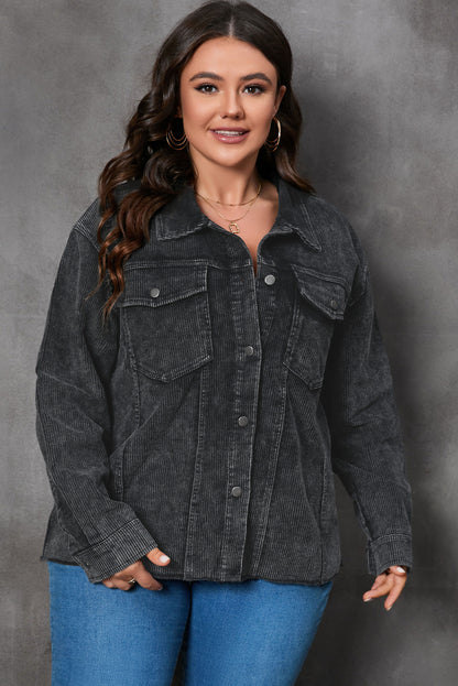 Gray Plus Size Flap Pocket Raw Edge Corduroy Jacket