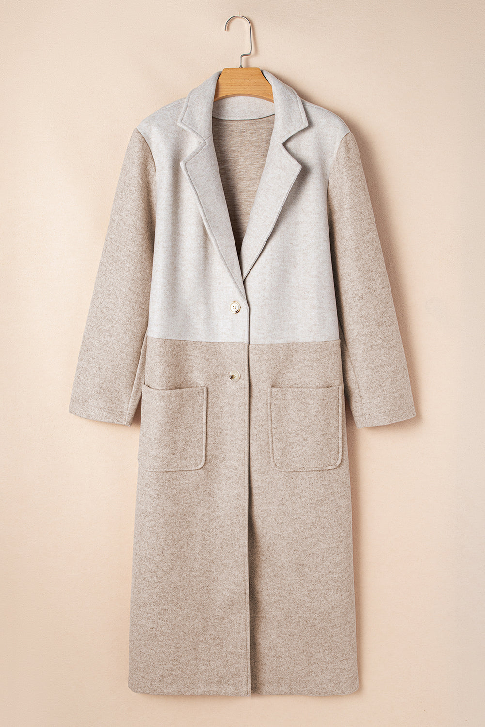 Khaki Plus Size Colorblock Lapel Collar Long Coat